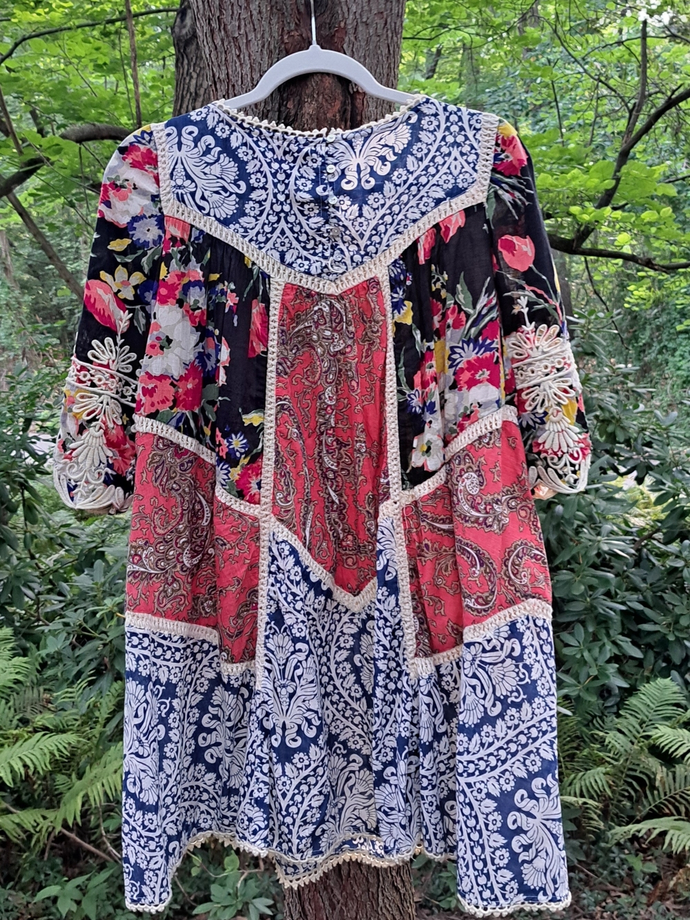Floral Patchwork Midi Dress in Black, Coral & Navy